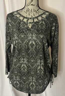 Erika Ikat Geometric Rhinestone Strappy Neck Ruched Drawstring Top Women’s Small